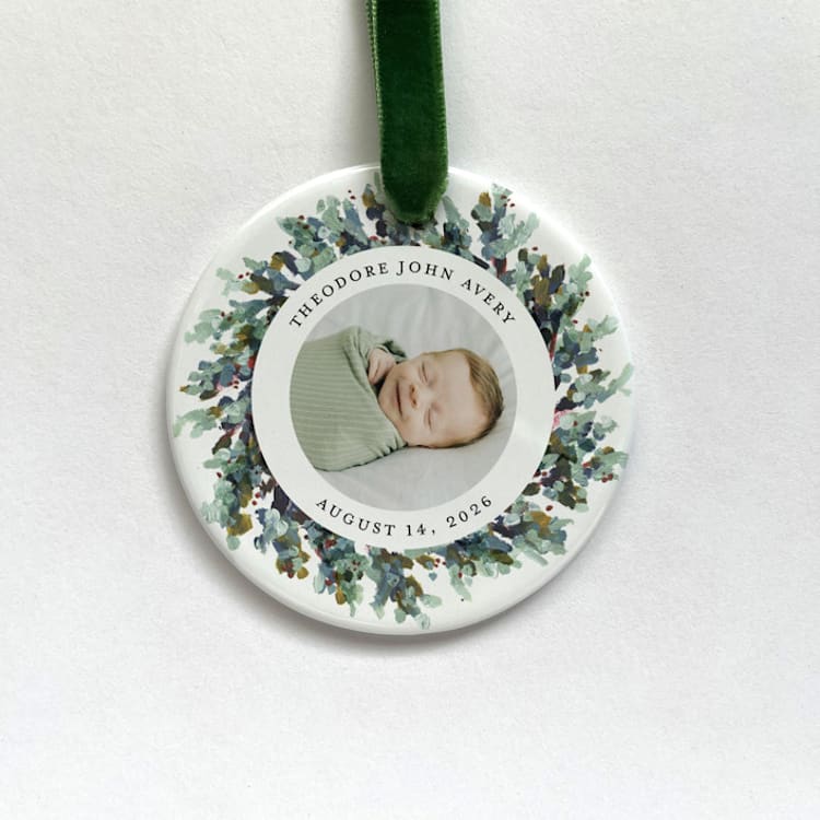 "Personalized Baby Photo Ornament, Painted Wreath" - Ornaments in white by Holly Whitcomb
