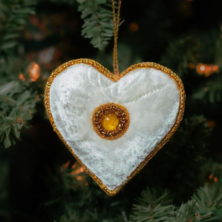 "White Zardozi Heart Ornament" - Ornaments in white by Aahlada Chennupati