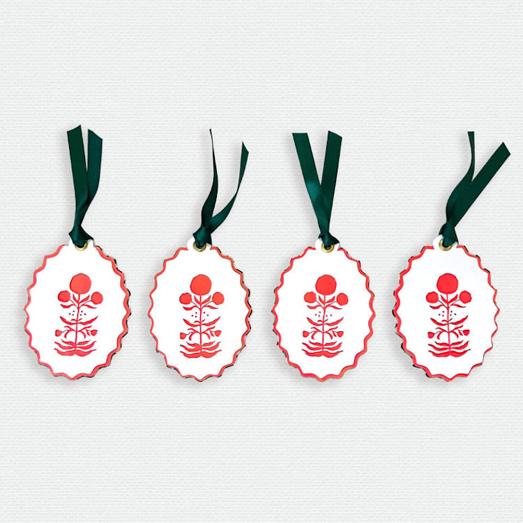 "Paper Cut Out Hand Painted in Vibrant Coral Block Print Ornaments - Set of 4" - Ornaments in multicolor by Lottie Aldarwish