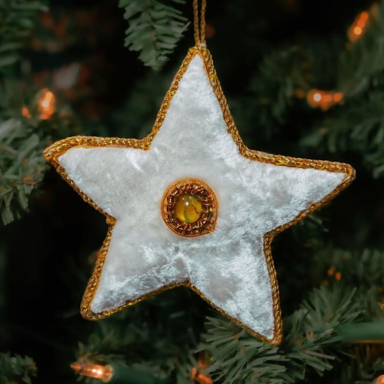 "White Zardozi Star Ornament" - Ornaments in white by Aahlada Chennupati