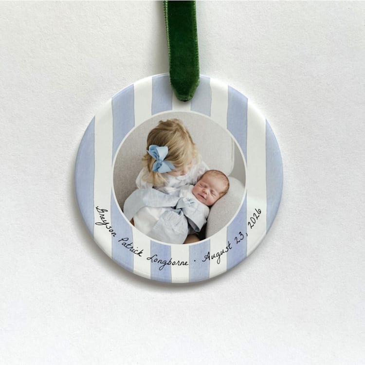 "Personalized Photo Ornament - Watercolor Stripes" - Ornaments in white by Holly Whitcomb