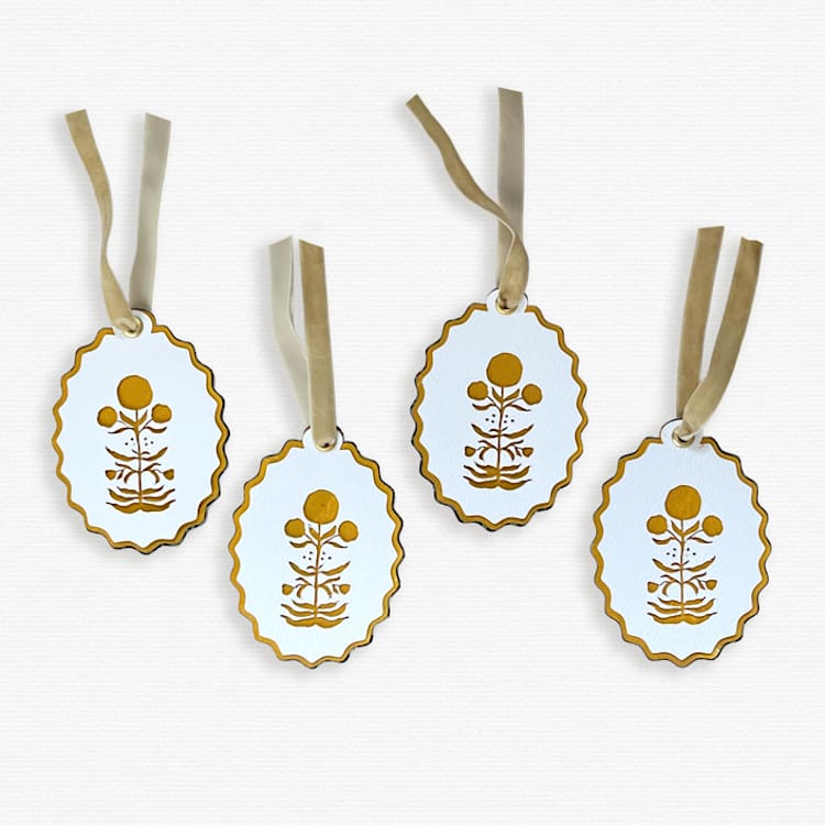 "Paper Cut Out Hand Painted Ochre Block Print Ornaments - Set of 4" - Ornaments in yellow by Lottie Aldarwish