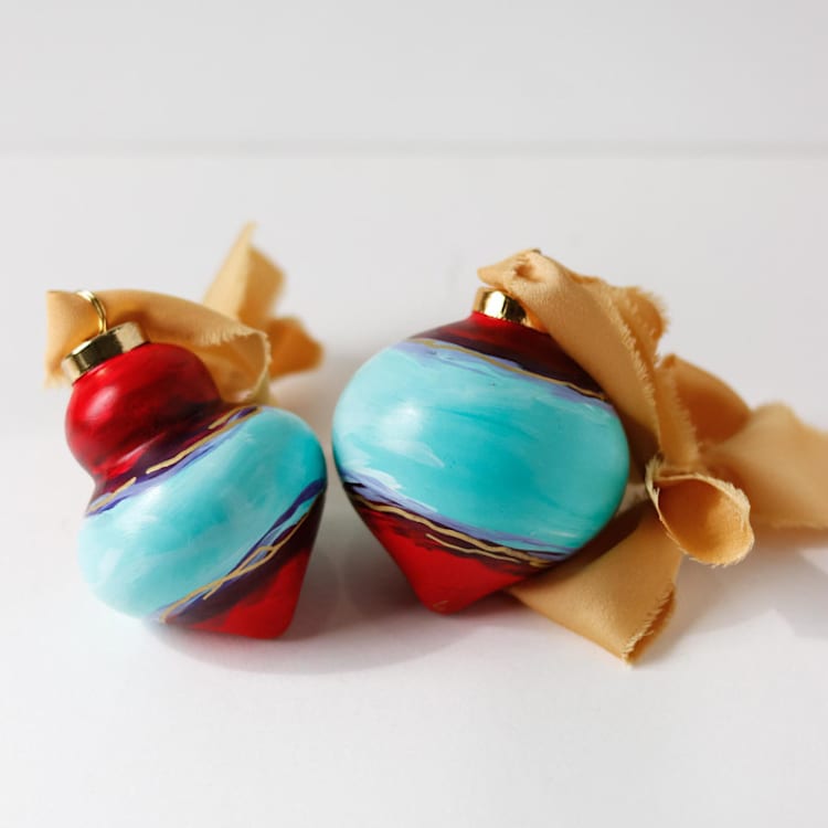 "Red and Teal Set of 2 Ornaments" - Ornaments in red by Weronika Zubek