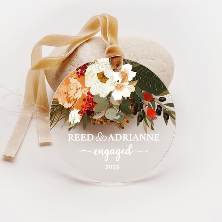 "Personalized Acrylic Fall Peonies Engagement Ornament, Set of 1" - Ornaments in multicolor by Iveta Abolina