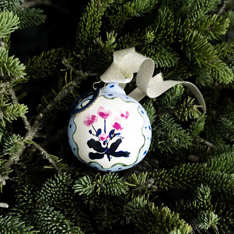 "Magenta and Blue Dots Floral Customized Ornament" - Ornaments in blue by Lottie Aldarwish