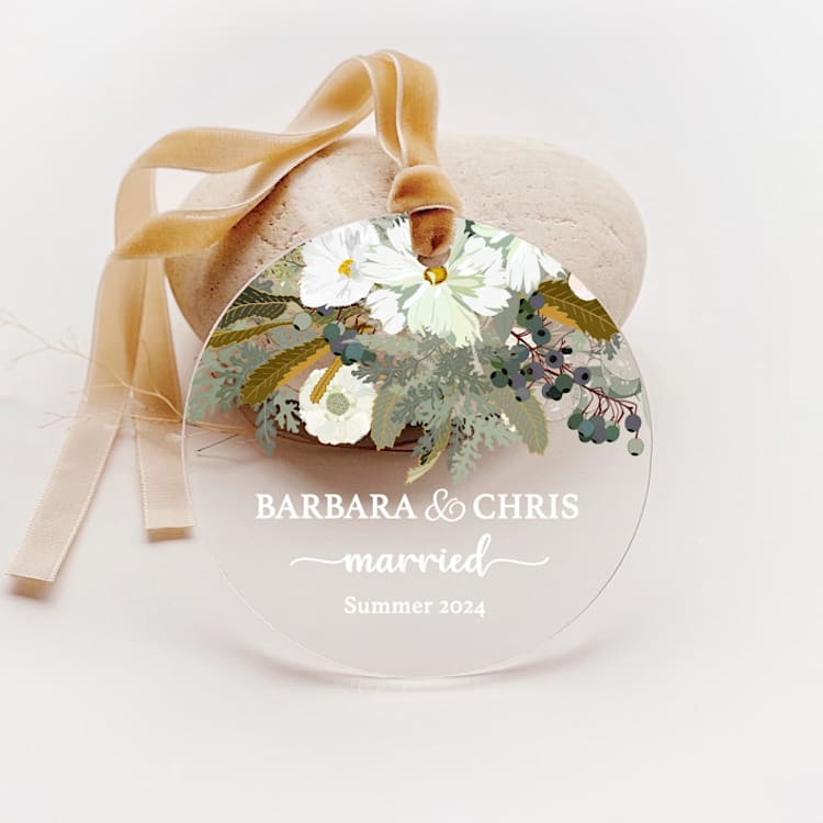 "Personalized Acrylic White Cosmos Floral Married Ornament, Set of 1" - Ornaments in multicolor by Iveta Abolina
