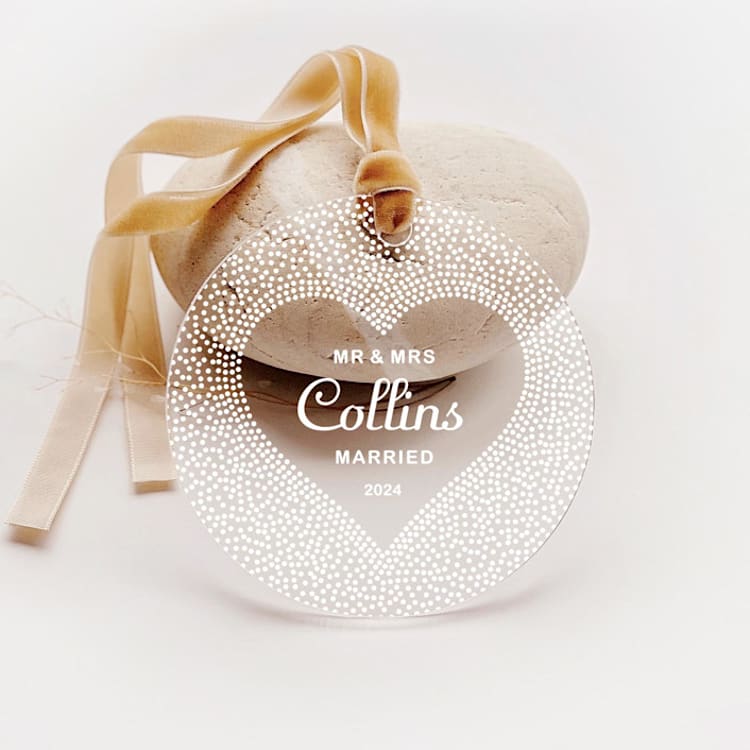 "Personalized Acrylic Dotted Heart Married Ornament, Set of 1" - Ornaments in white by Iveta Abolina