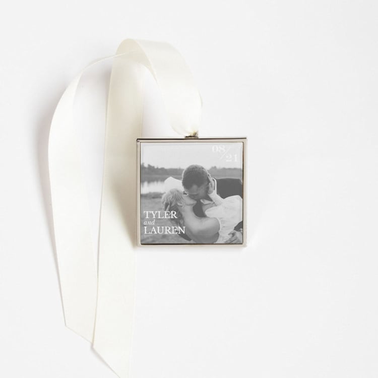 "Modern Name and Date Square Ornament Silver" - Ornaments in silver by Kimbra Designs