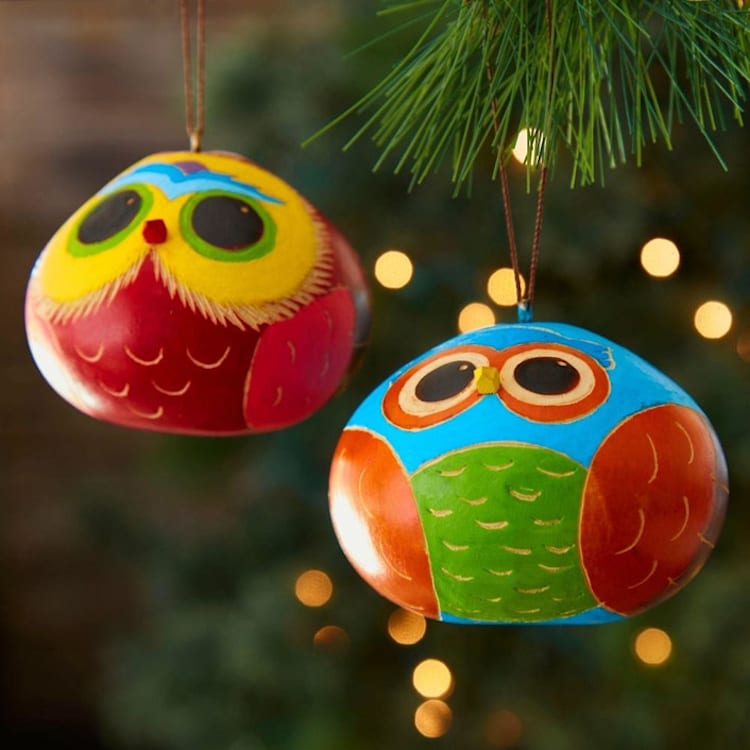 "Mini Colorful Gourd Owl Ornament Set" - Ornaments in red by Aahlada Chennupati