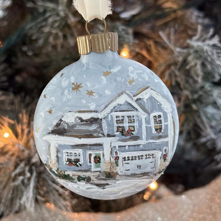 "Custom House Portrait Ornament - Holiday Theme" - Ornaments in blue by Kristen Laczi
