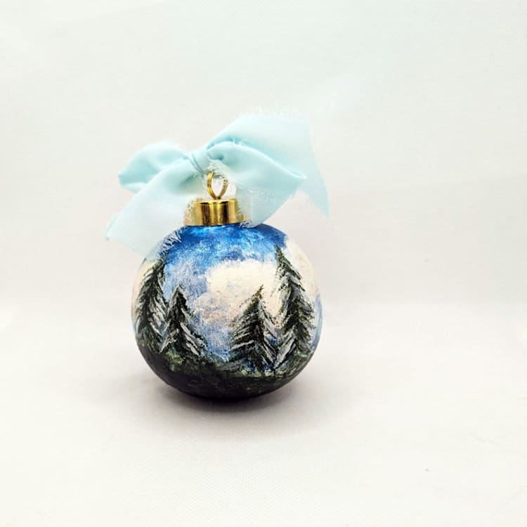 "Scenic Evergreen Landscape Hand Painted Ceramic Christmas Ornament" - Ornaments in blue by The Savage Label