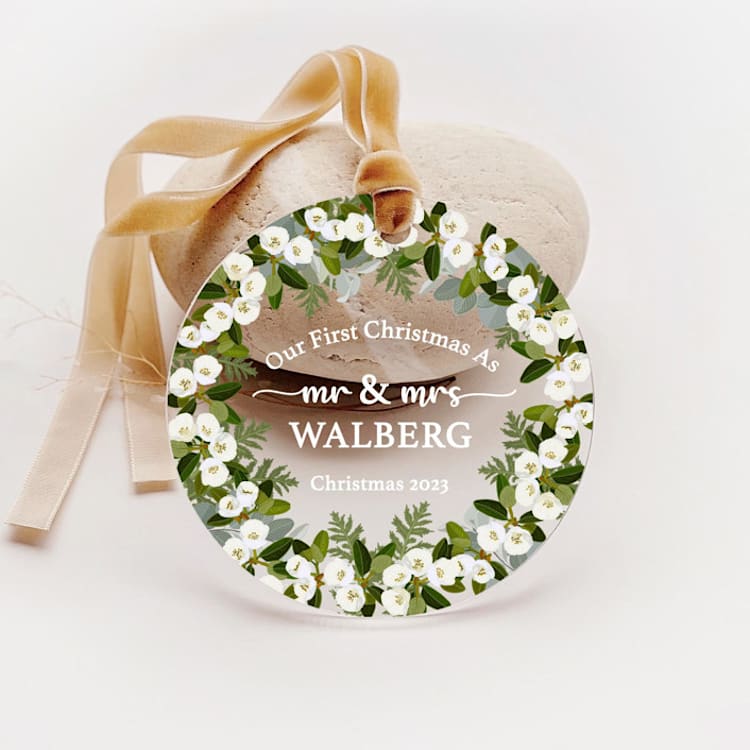"Personalized Acrylic Our First Christmas As Mr And Mrs White Winter Bloom Ornament, Set of 1" - Ornaments in green by Iveta Abolina