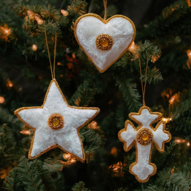 "White Zardozi Ornament Set of 3" - Ornaments in white by Aahlada Chennupati
