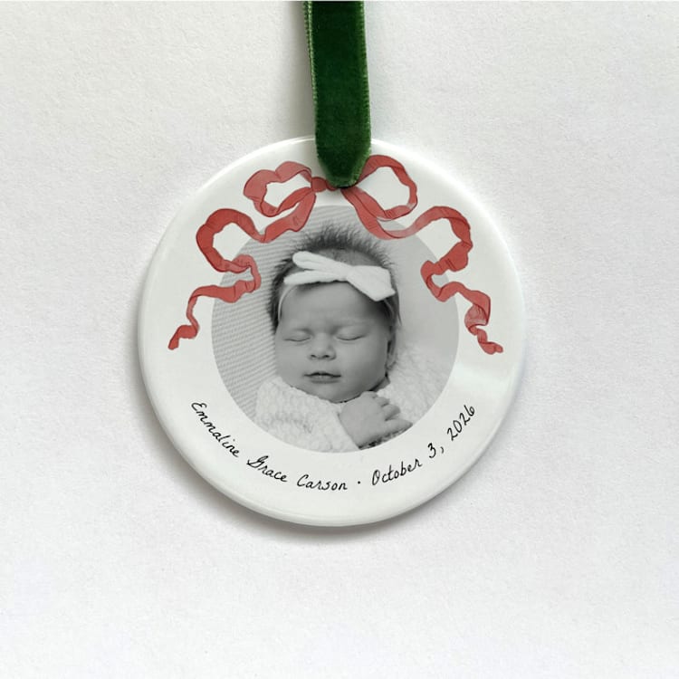 "Custom Ceramic Photo Ornament - Red Bow" - Ornaments in white by Holly Whitcomb