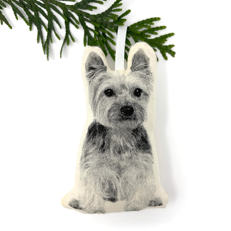 "Silkscreen Yorkshire Terrier Ornament" - Ornaments in beige by Broderpress