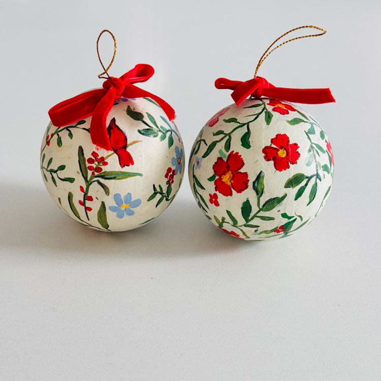 "Hand-Painted Botanical Christmas Ornaments on off white Background – Set of 2" - Ornaments in red by Arohika Verma