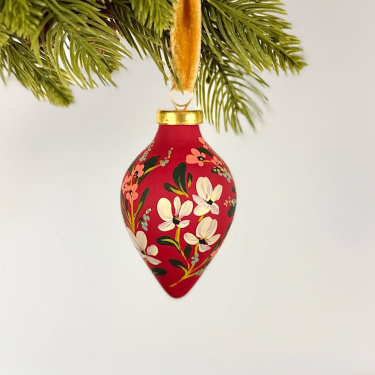"Festive Red Floral-Teardrop Shaped Ornament" - Ornaments in multicolorassorted-colors by Sara Swanson