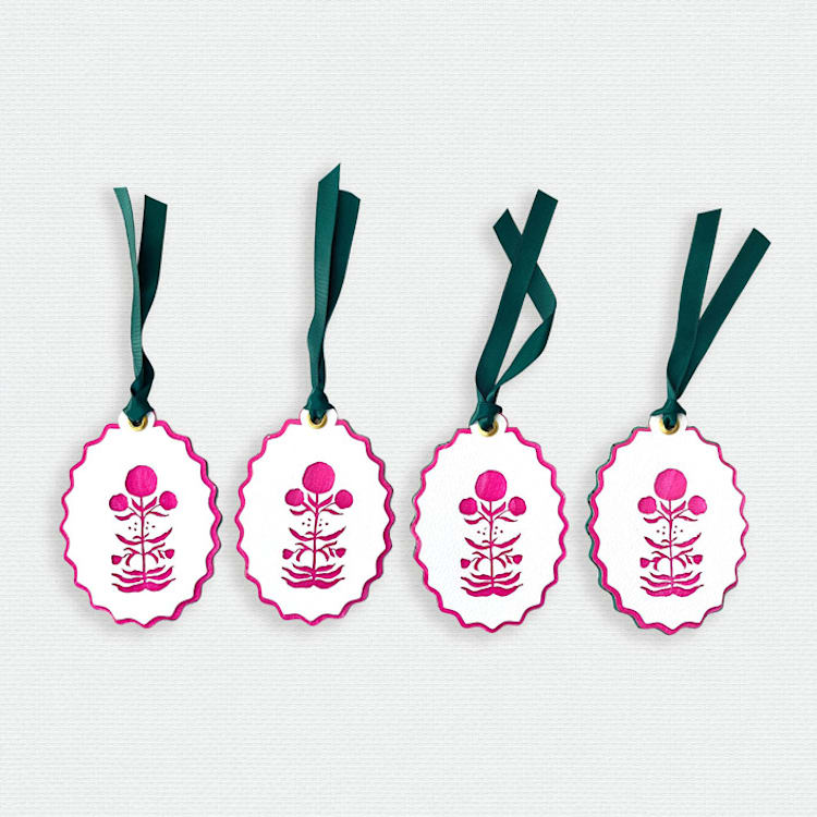 "Paper Cut Out Hand Painted in Hot Pink Block Print Ornaments - Set of 4" - Ornaments in pink by Lottie Aldarwish