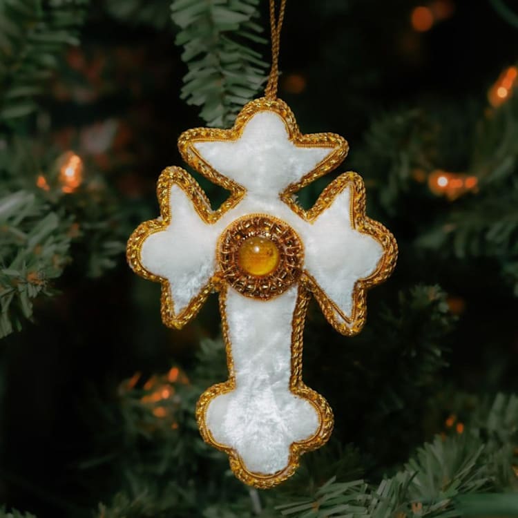 "White Zardozi Cross Ornament" - Ornaments in white by Aahlada Chennupati