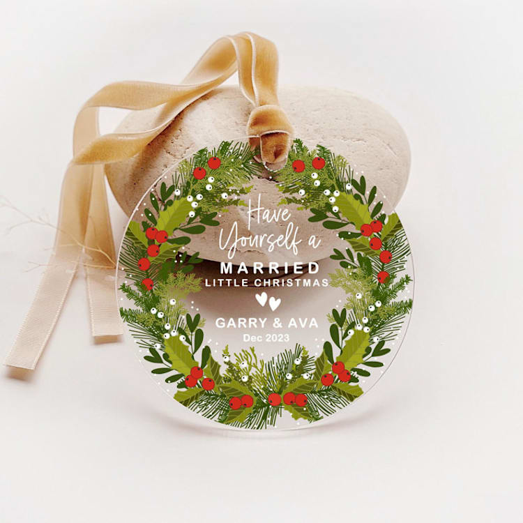 "Personalized Acrylic Red Berries Wreath Married Ornament, Set of 1" - Ornaments in multicolor by Iveta Abolina