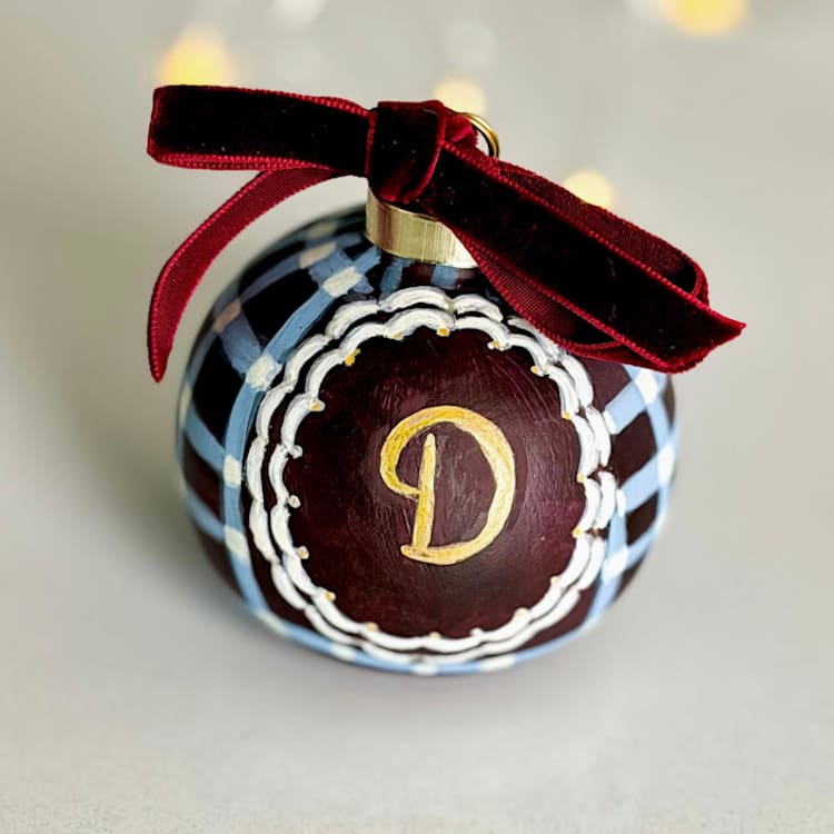 "Personalized Hand-Painted Burgundy & Blue Plaid Monogram Ornament" - Ornaments in brown by Arohika Verma