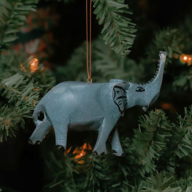 "Painted Wood Elephant Christmas Ornament" - Ornaments in gray by Aahlada Chennupati
