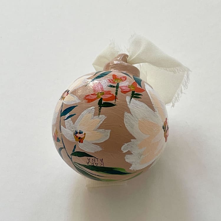 "Winter White Boho Floral Hand-painted Ceramic Ornament" - Ornaments in beige by Kara Aina