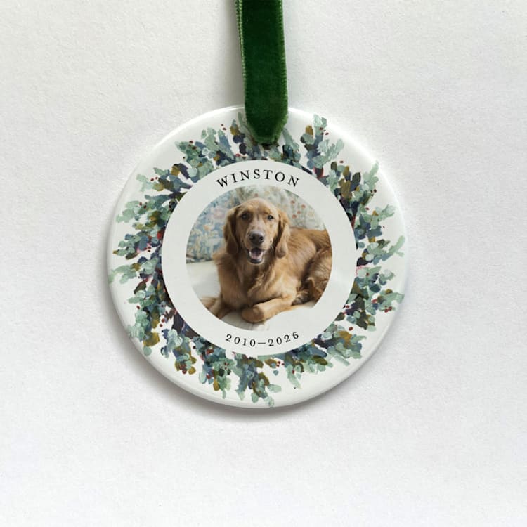 "Personalized Pet Photo Ornament, Painted Wreath" - Ornaments in white by Holly Whitcomb