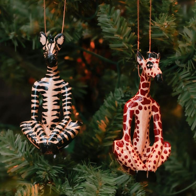 "Painted Wood Yoga Fitness Pals Giraffe Zebra Ornament Set" - Ornaments in black by Aahlada Chennupati