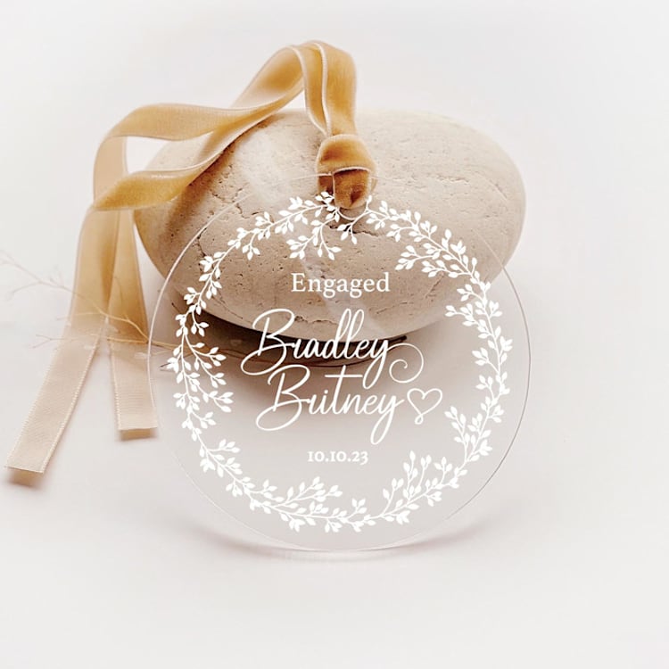 "Personalized Acrylic White Floral Wreath Engagement Ornament, Set of 1" - Ornaments in white by Iveta Abolina