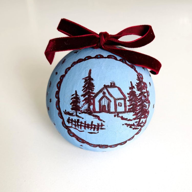 "Hand-Painted Winter Cottage Ornament" - Ornaments in blue by Arohika Verma