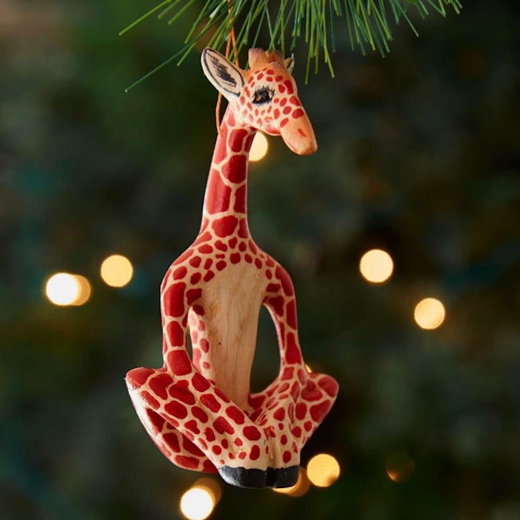 "Painted Wood Yoga Giraffe Christmas Ornament" - Ornaments in brown by Aahlada Chennupati