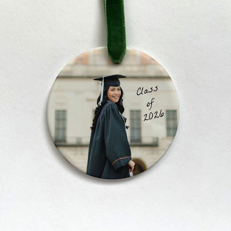 "Custom Photo Ornament - Grad Script" - Ornaments in white by Holly Whitcomb