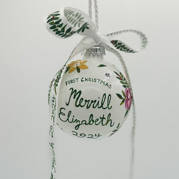 "Personalized Floral First Christmas Ornament with Painted Ribbon" - Ornaments in multicolorassorted-colors by Ashley Myers