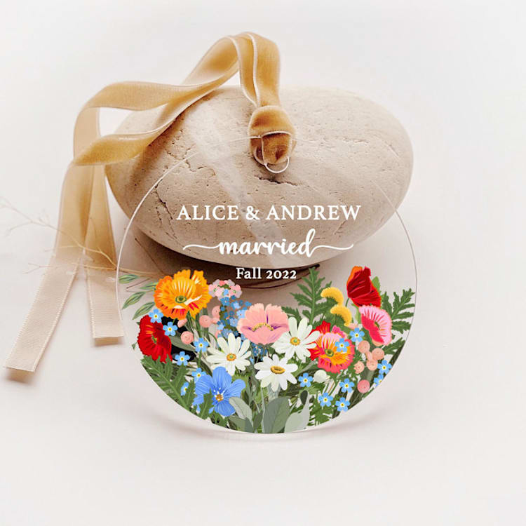 "Personalized Acrylic Wild Flowers Married Ornament, Set of 1" - Ornaments in multicolor by Iveta Abolina