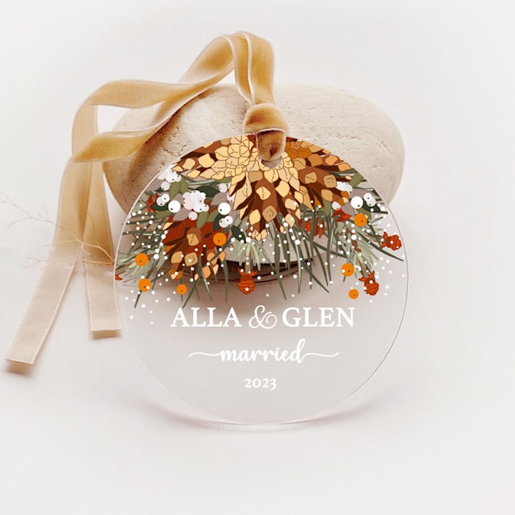 "Personalized Acrylic Christmas Pine Cone Married Ornament, Set of 1" - Ornaments in multicolor by Iveta Abolina