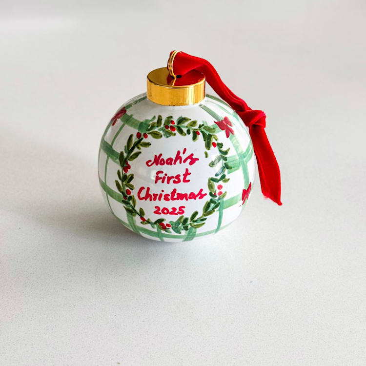 "Personalized Hand-Painted “Baby’s First Christmas” Ornament – Red and Green Holiday Design" - Ornaments in green by Arohika Verma