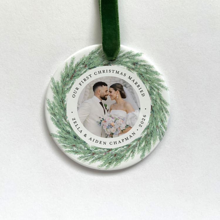 "Personalized Newlywed Photo Ornament - Juniper Wreath" - Ornaments in multicolorassorted-colors by Holly Whitcomb