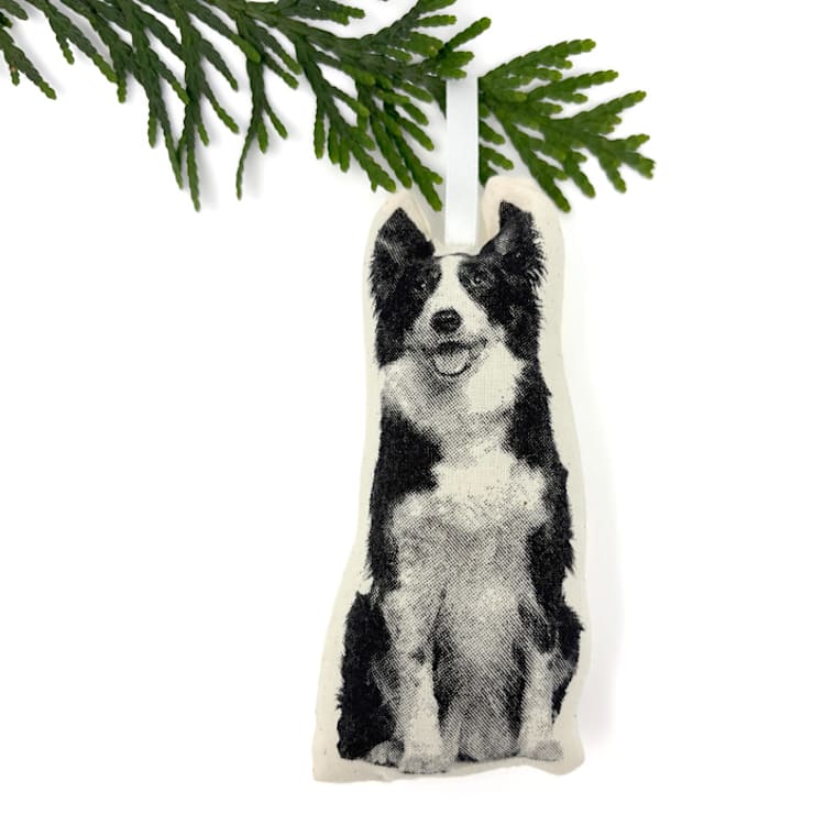 "Silkscreen Border Collie Ornament" - Ornaments in beige by Broderpress