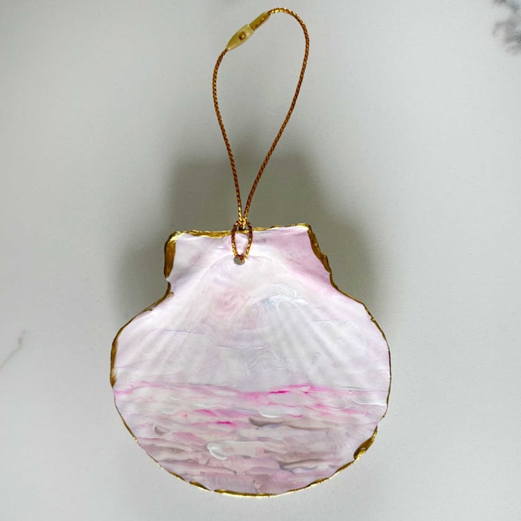 "Hand-Painted Natural Seashell Ornament, Rosy Pink, White & Gold" - Ornaments in pink by Nicoletta Savod