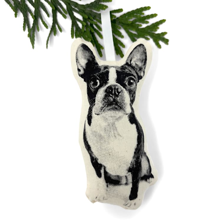 "Silkscreen Boston Terrier Ornament" - Ornaments in beige by Broderpress