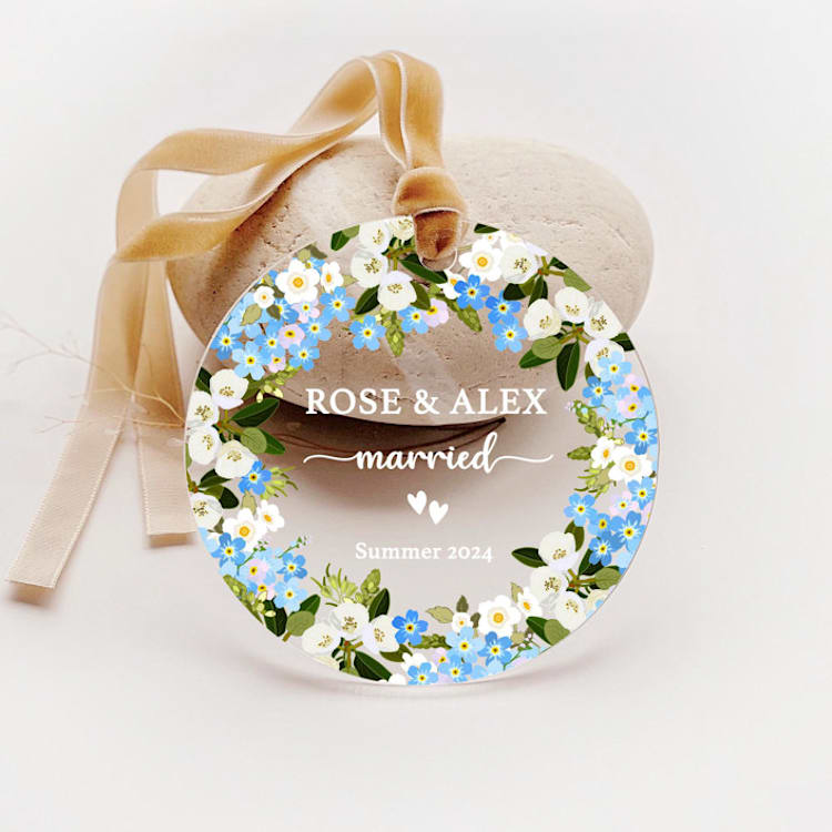 "Personalized Acrylic Blue Forget Me Not Married Ornament, Set of 1" - Ornaments in blue by Iveta Abolina