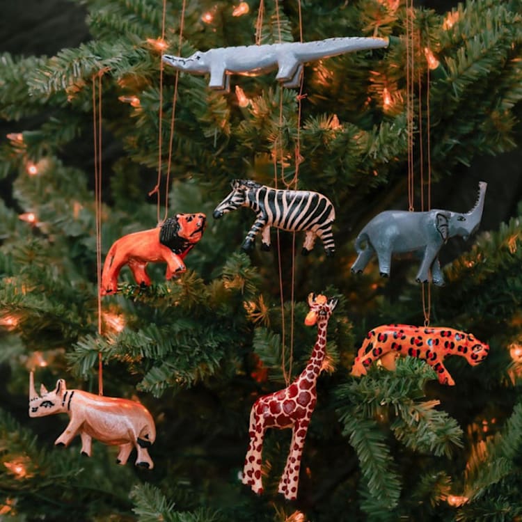 "Painted Wood Safari Animals Ornament Set of 7" - Ornaments in multicolor by Aahlada Chennupati