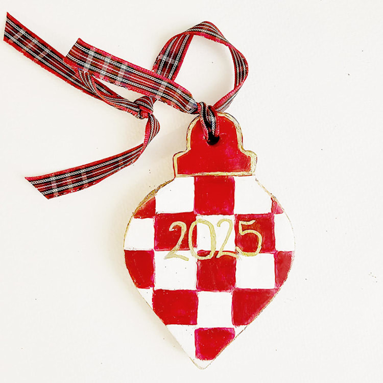 "Personalized, Hand-made Check Pattern, 2025 Clay Ornament" - Ornaments in red by AlisonJerry
