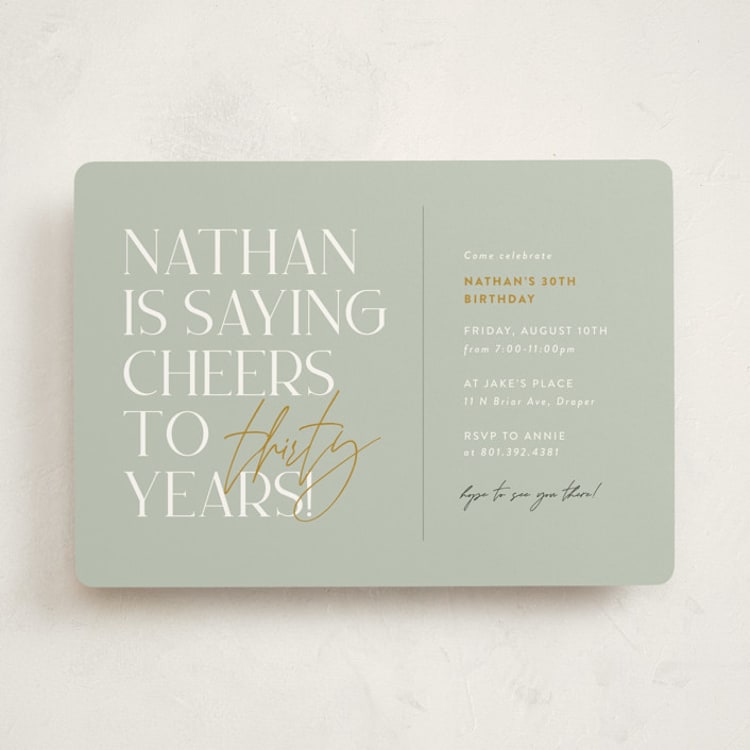 "Cheers!" - Party Invitations in Sage by Stephanie Hawkes - Front