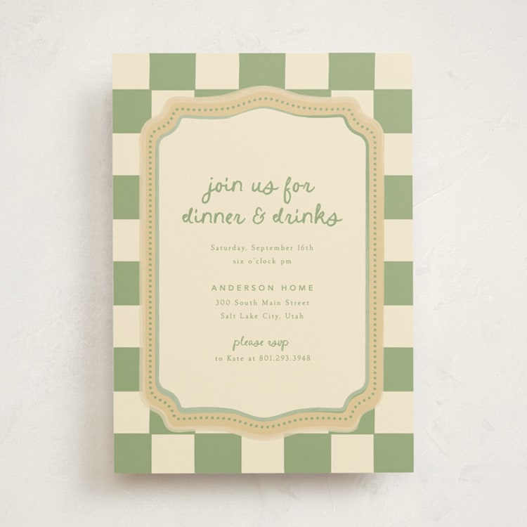 "Checkered China" - Party Invitations in Sage by Robert and Stella - Front