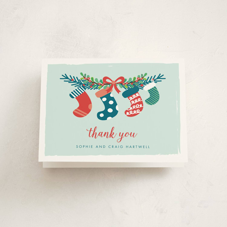 "Holiday Stockings" - Pregnancy Announcement Thank You Cards in Frost by Shirley Lin Schneider - Front