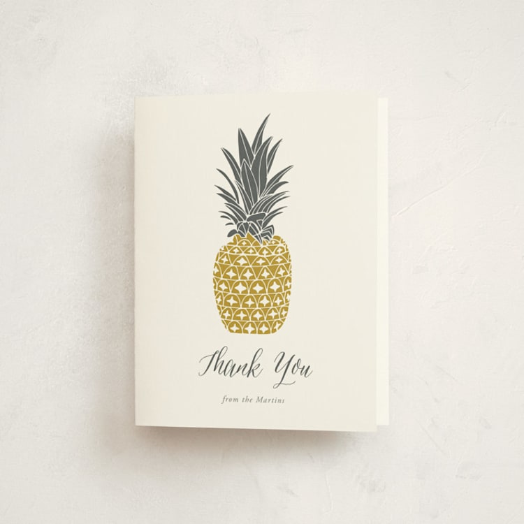 "Guilded Pineapples" - Pregnancy Announcement Thank You Cards in Pineapple by Beth Schneider - Front