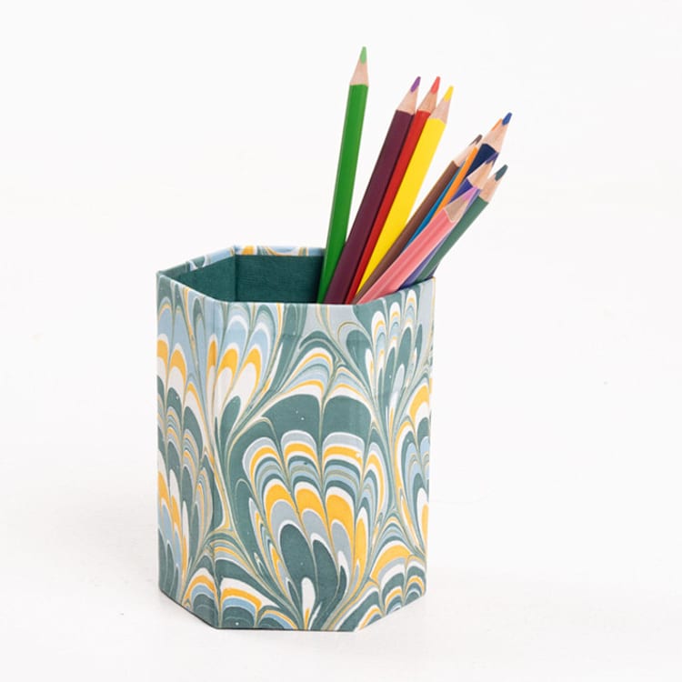 "Hand-Marbled Pencil Holder Organizer in Blue Marbling" - Pencil Case in blue by Inner Child