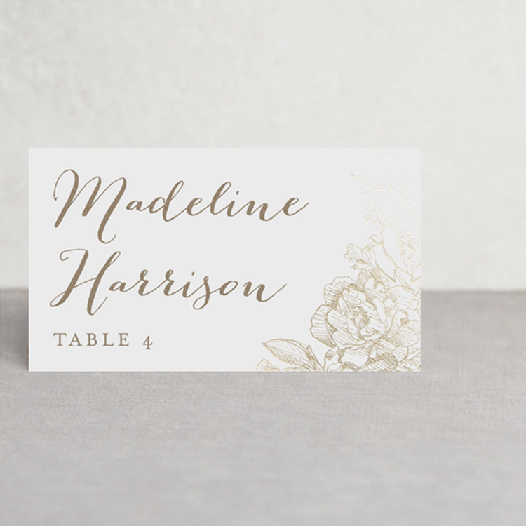 "Engraved Flowers" - Place Cards in Gold by Phrosné Barwood - Front
